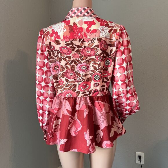 Dalia MacPhee Collared Shirt Dress Womens Red Pink Geo Floral missing Belt #148 - Picture 7 of 15